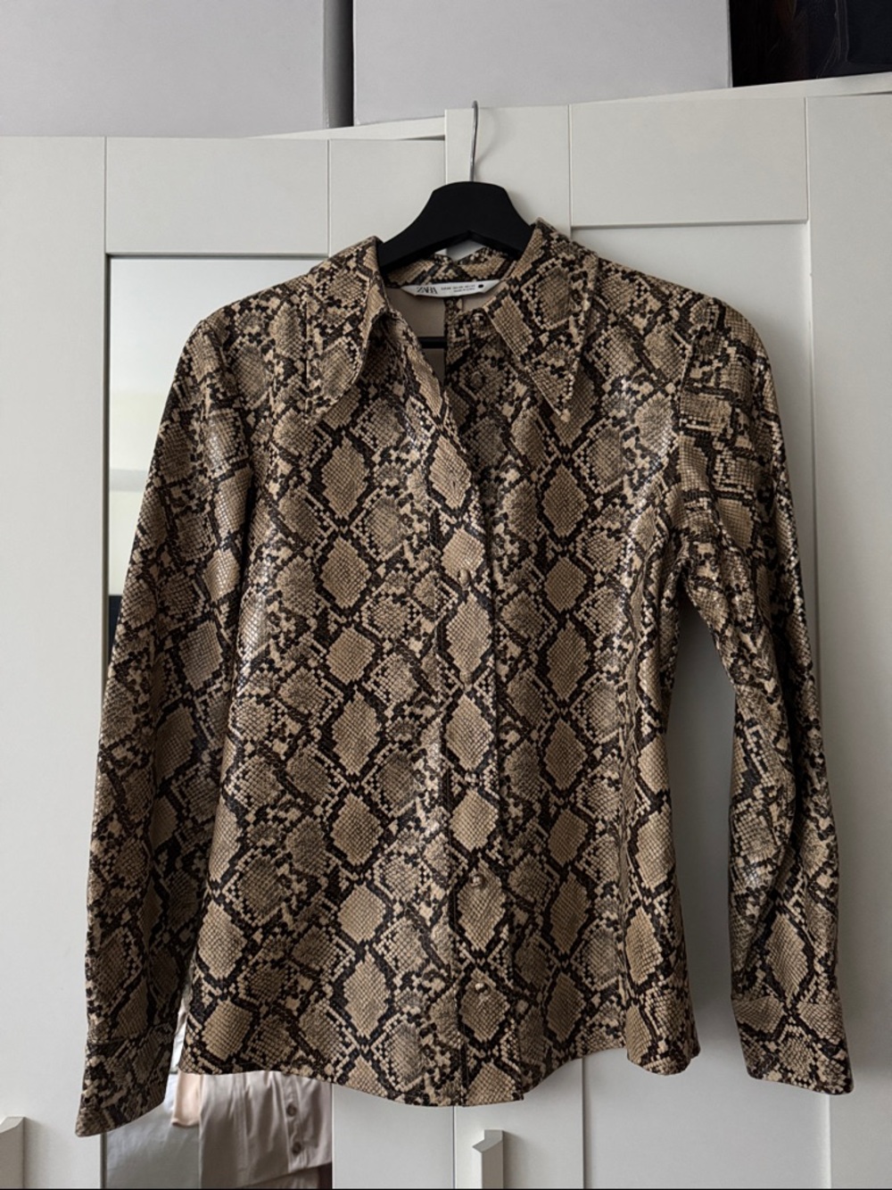 Zara Snake Print Button-Down Shirt in Beige and Black